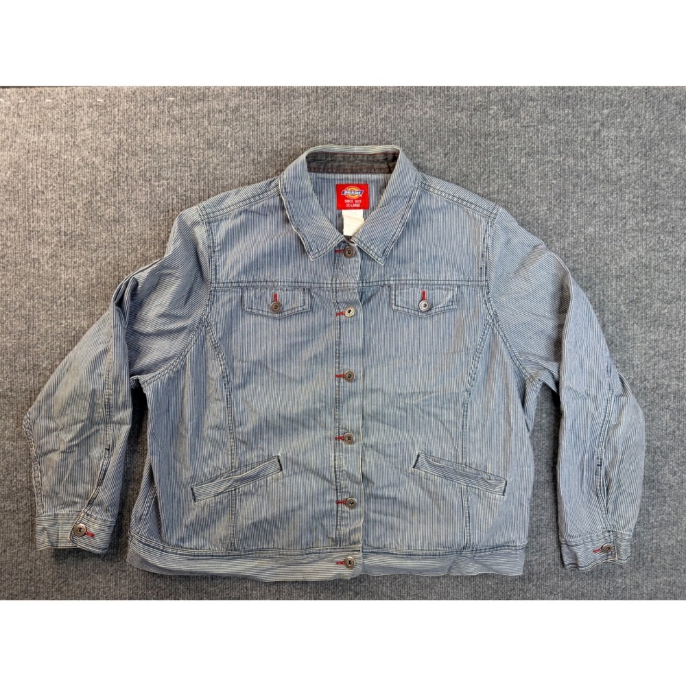 Dickies Mens 2XL Blue Hickory Stripe Denim Chore Jacket Workwear Cotton Coat